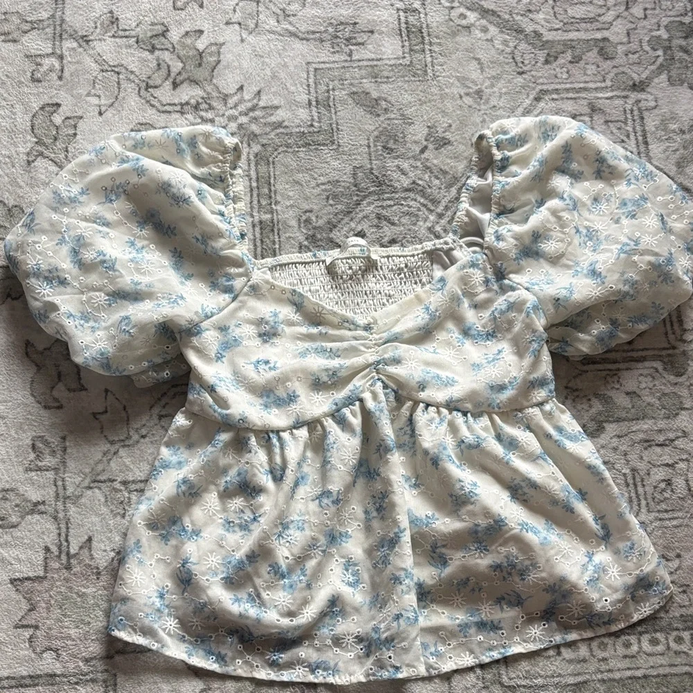 Altar'd State White Top with Light Blue Accents - Picture 1 of 3